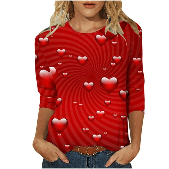 3/4 Sleeve Tops for Women Valentine Gift for Ladies Cute Funny Graphic Print Tunic Tops Crew Neck Casual Pullover(Red,XL)
