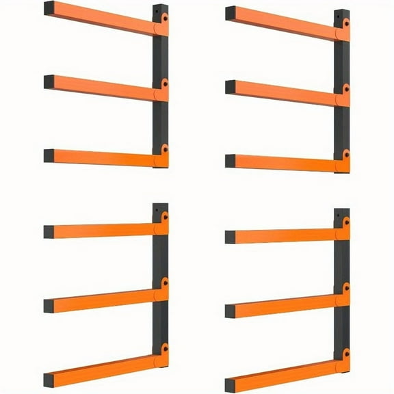 4pcs Heavy Duty Orange Metal Lumber Racks - Wall-Mounted, 3-Tier Garage Storage Organizer for Wood & Tools, Holds Up to 400 lbs, Indoor/Outdoor Use, Utility Shelves