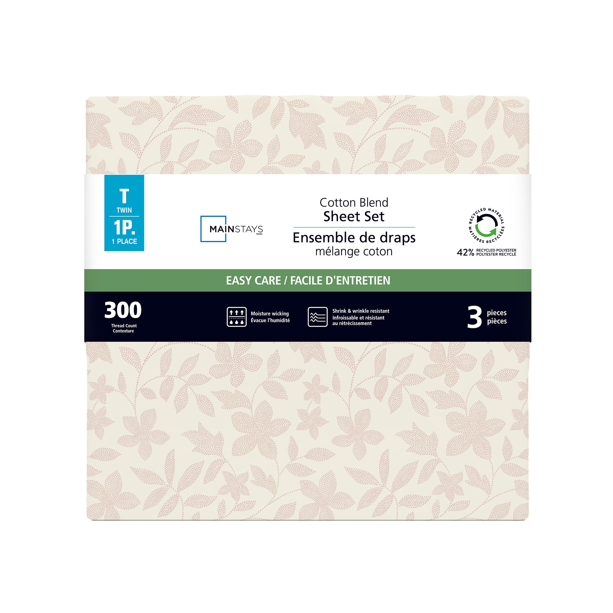 Parure de lit 4 pièces Mainstays en mélange de coton 300 nombre de fils à motif floral et CVC, pour lit double (adulte) Ensemble de draps 2 places