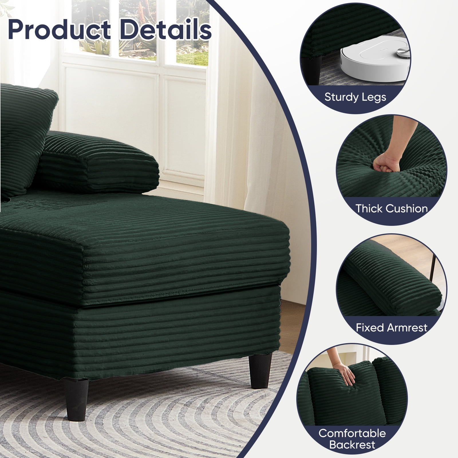 Mjkone U-Shaped Sectional Sofa, 4 Seats Corduroy Couch with Double Chaise for Living Room - Green