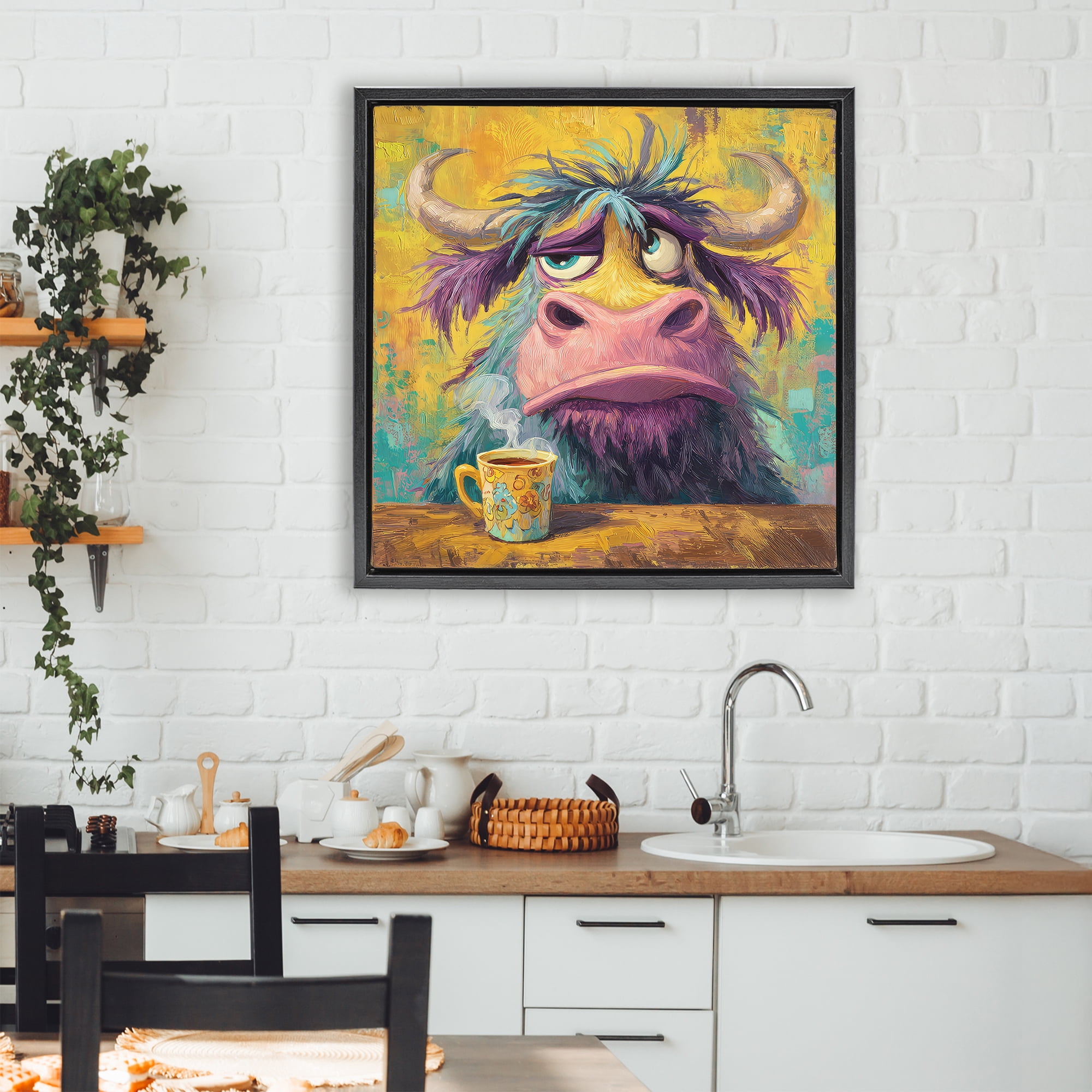 Stupell Industries Grumpy Cow & Mug Black Framed Floater Canvas Wall Art, design by The Wands Want