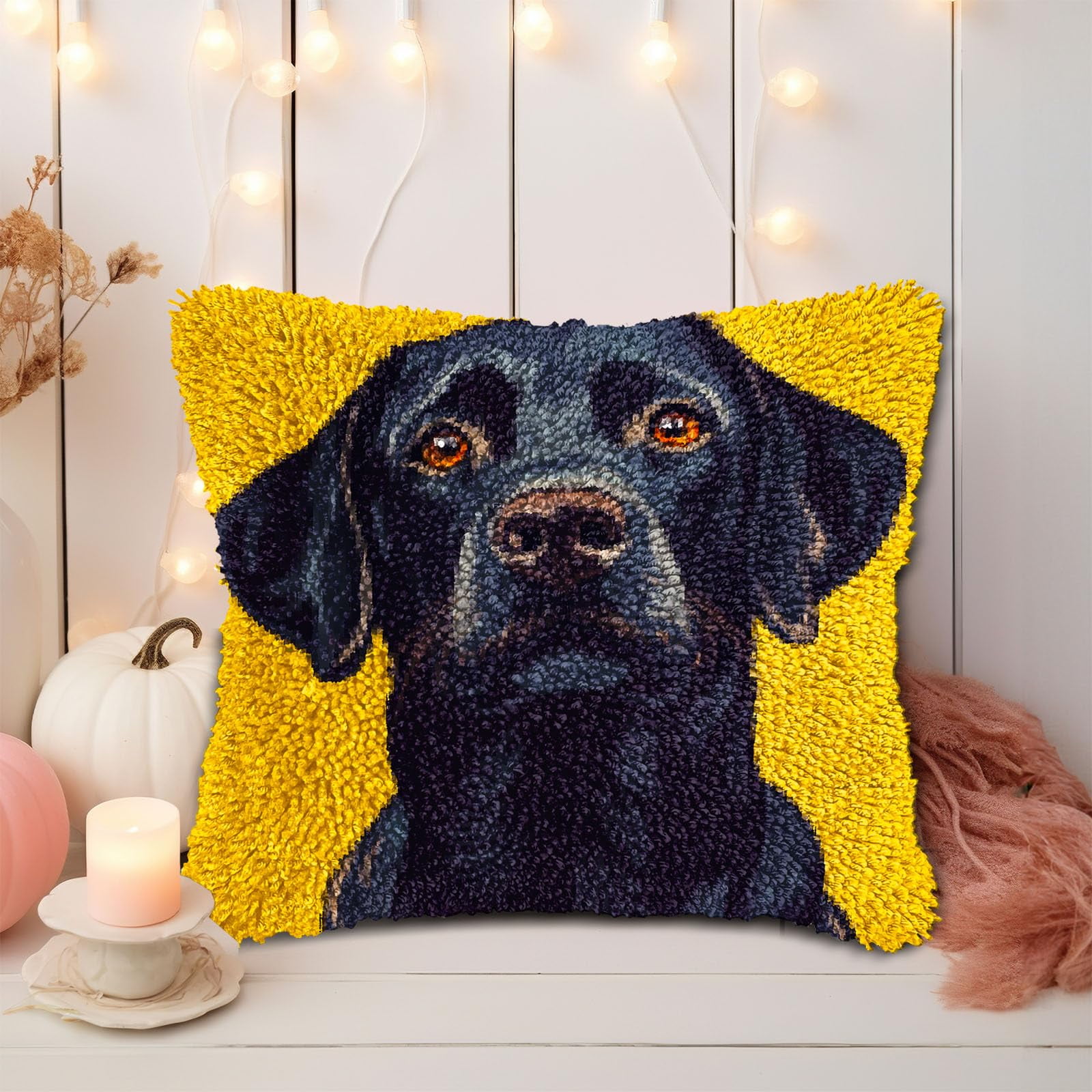 DIY Latch Hook Pillow Kits for Adults Cartoon Black Labrador Dog Printed Pillowcase Crochet Yarns Hooking Handmade Pillow Cover Cushion for Home Sofa Decoration 17x17inch-14