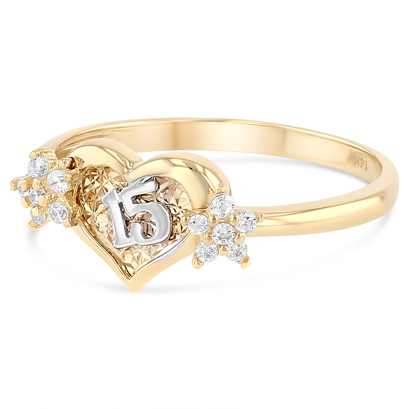 8.5 Size Jewel Tie Solid 14k Yellow Gold Cubic Zirconia CZ 15 Years Birthday Heart Ring