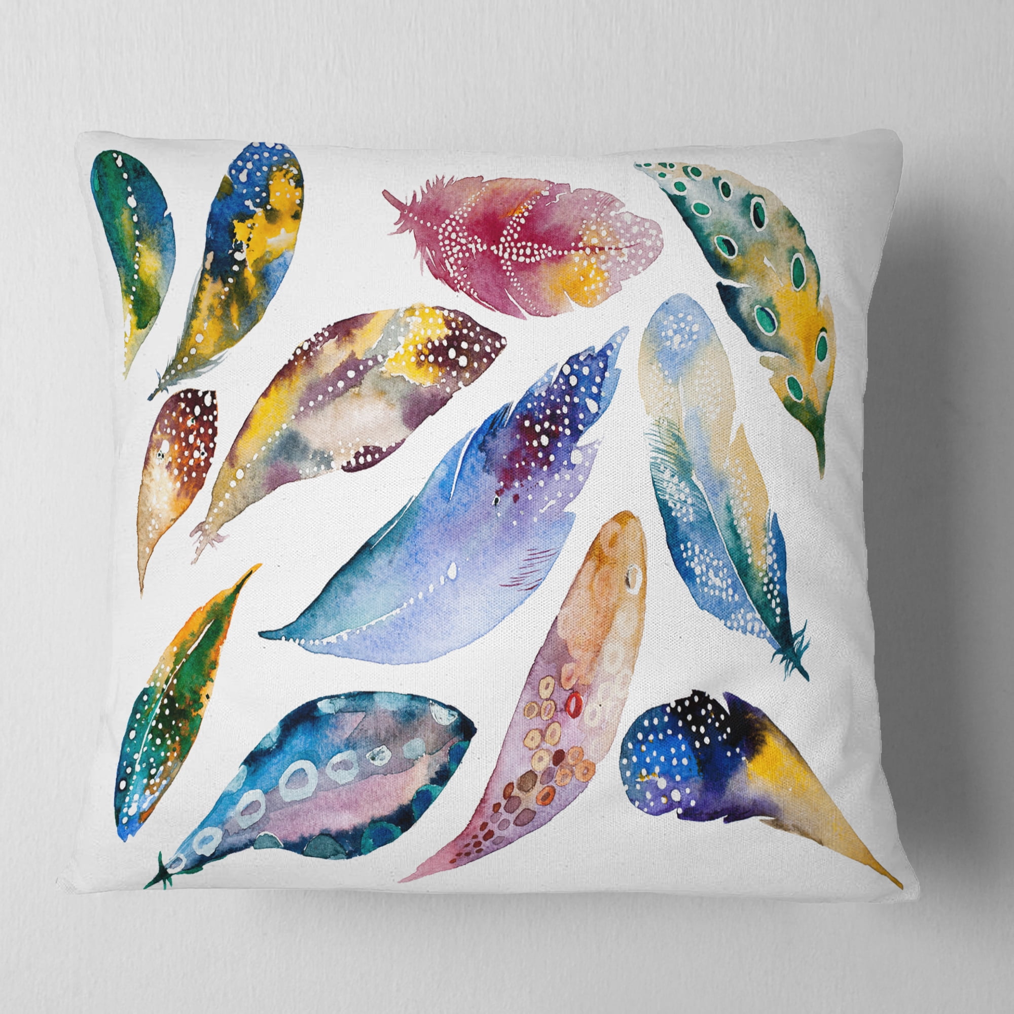 Designart Hand drawn Feather Set - Watercolor Throw Pillow - 18x18