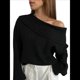 thumbnail image 2 of Suéter de Punto de Larga con Hombros Descubiertos para Mujer, Suéter Informal Holgado de Gran Tamaño, Tops de Punto Vintage A . Negro L, 2 of 6