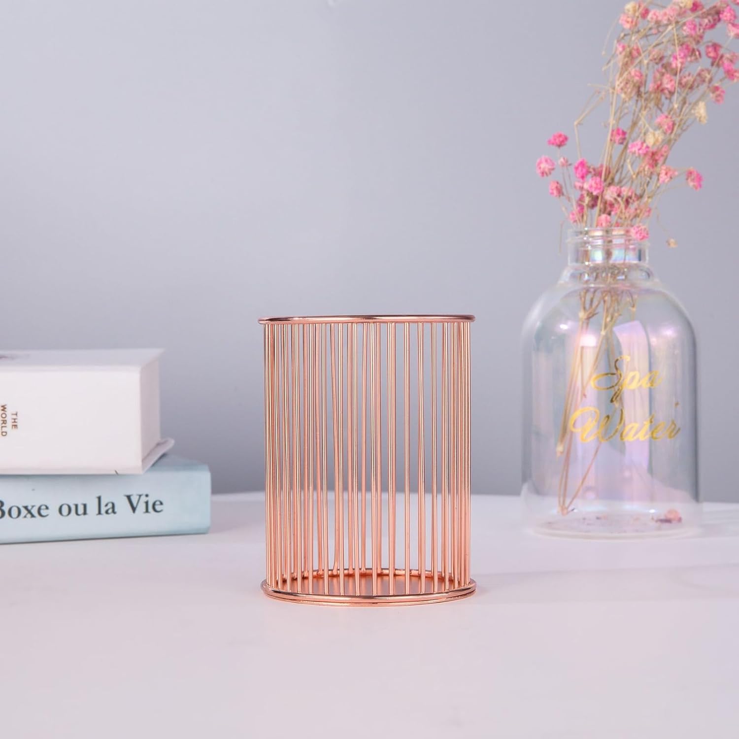 ABPETE Pencil Cup,Pen Holder, Wire Metal Pencil Holder, Decorative Desk Storage Organizer Container for Stationery and Desk Accessories (Rose Gold 1,2-PACK)