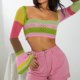 thumbnail image 2 of SAYOO Tops Cortos de Punto para Mujer, Camisa de Patchwork de Punto de Ganchillo de Manga Larga Acampanada con Cordón en la Espalda Streetwear SAYOO  casual, 2 of 9