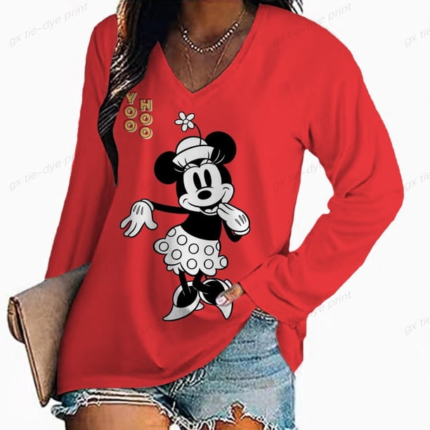 Spring Autumn Elegant Shirt Women Sexy Long Sleeve V Neck Disney Mickey Mouse Floral Print T Shirt Casual Loose PulloverXXXL Gao Jinjia LED