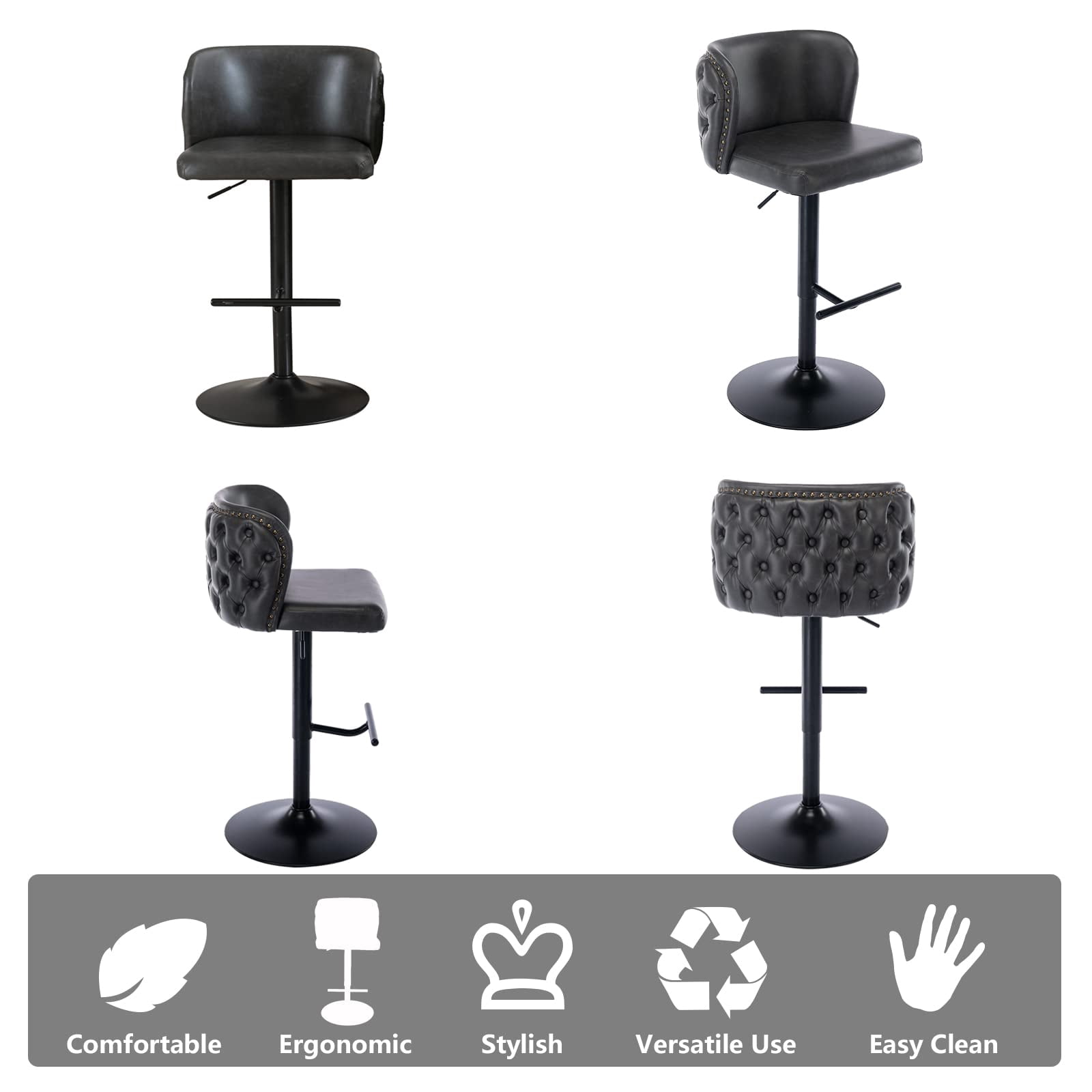 DONICK Swivel Counter Height Barstools,Upholstered Bar Stools Adjustable Height Nailhead Button Tufted Kitchen Island (PU,Dark,Set of 2)