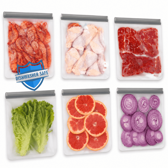 6 Pack Reusable Gallon Freezer Bags - BPA Free, Dishwasher Safe, Leakproof Food Storage Bags for Marinate Meats, Vegetables and Home Organization (Gray, 6 Gallon)