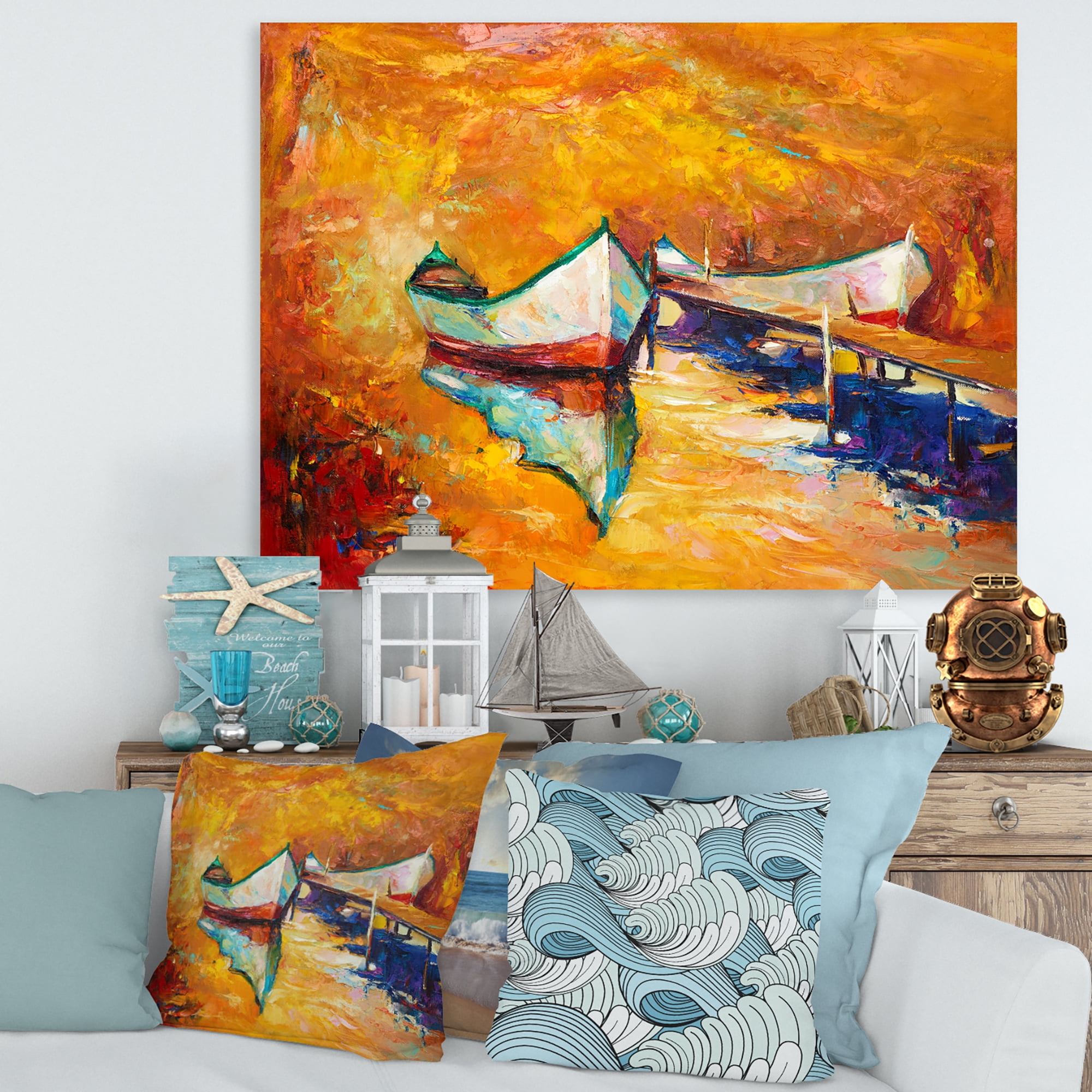 Designart ' Little Boat During Warm and Orange Evening ' Nautical & Coastal Canvas Wall Art Print