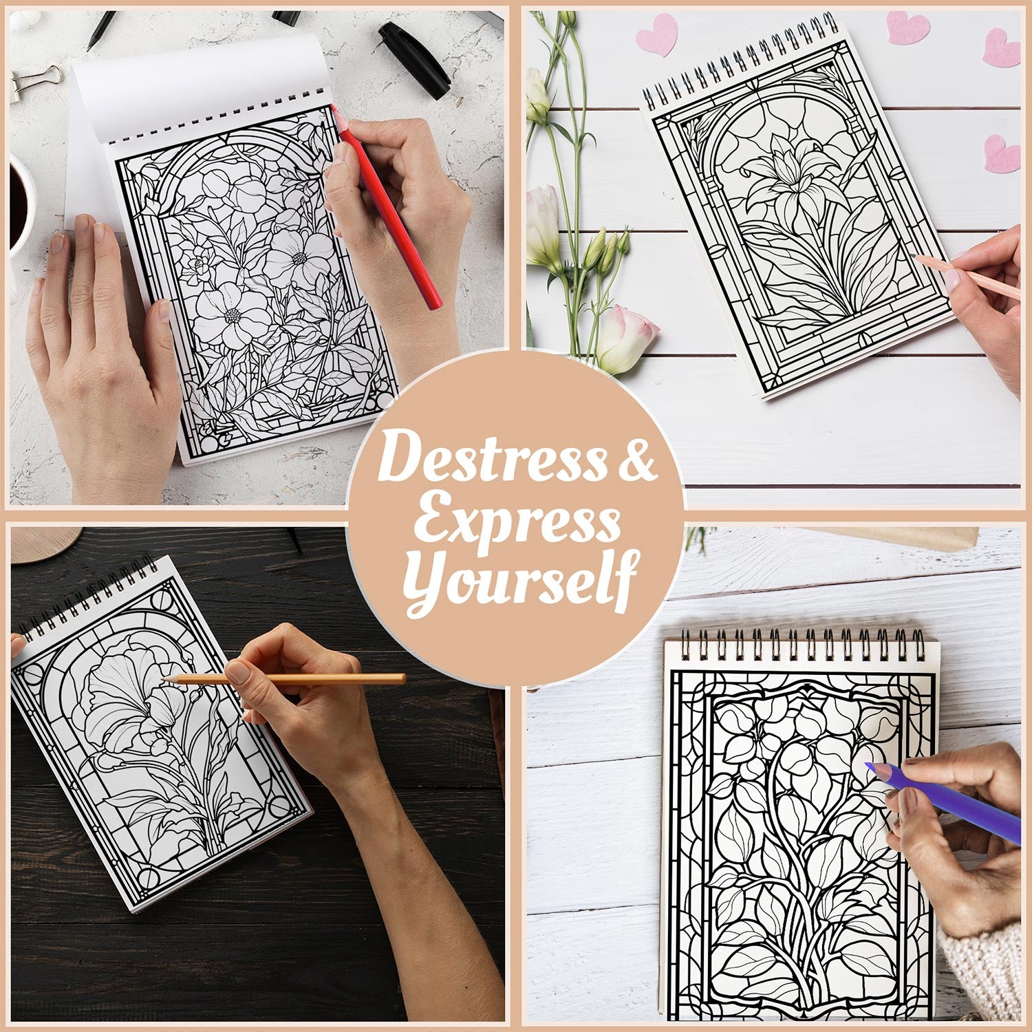 Netecom Stained Glass Flowers Coloring Book Spiral Bound for Adults, A5 Wooden Cover, 30 Delicate Coloring Pages of Beautiful Flowers for Stress Relief and Relaxation