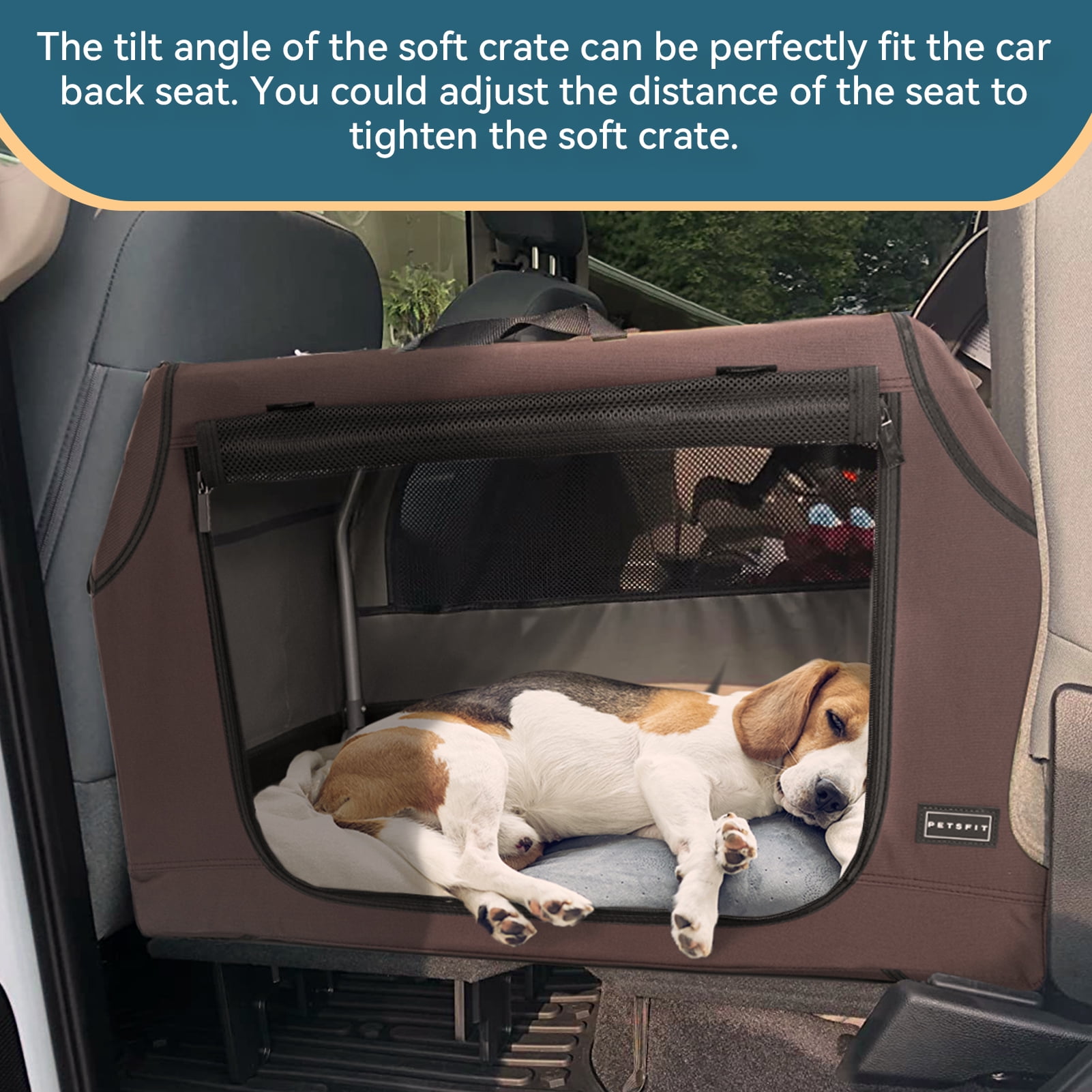 PETSFIT Portable Dog Crate, Collapsible Dog Crate-Lightweight, Foldable & 3 Door Design, Spiral Metal Tube for Adjusting Cloth Cover, Collapsible Soft Dog Kennel, Outdoor & Indoor Use, Brown