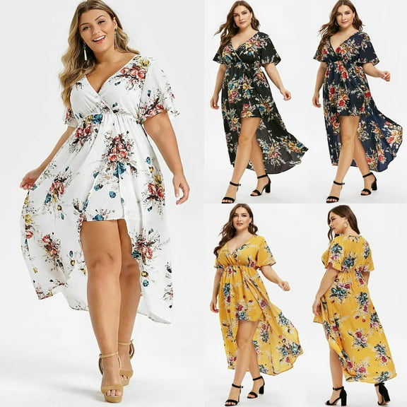 Womens Dresses Casual Floral Short Sleeve High Waisted Irregular Plus Size A Line Maxi Dress Black Skater Clothes Outfits XXL