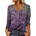 thumbnail image 2 of IROINNID Deals Womens Plus Size Tops Round-Neck Button Long Sleeve Print Lounge T- Shirt Blouse Tops,Purple, 2 of 4