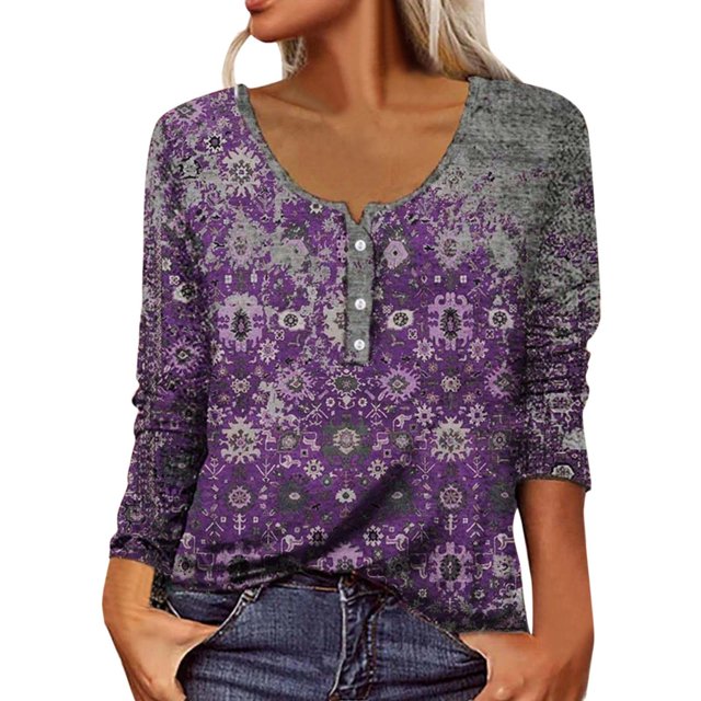 Puntoco moda mujer cuello redondo botón manga larga estampado casual camiseta blusa tops Puntoco Puntoco-2368