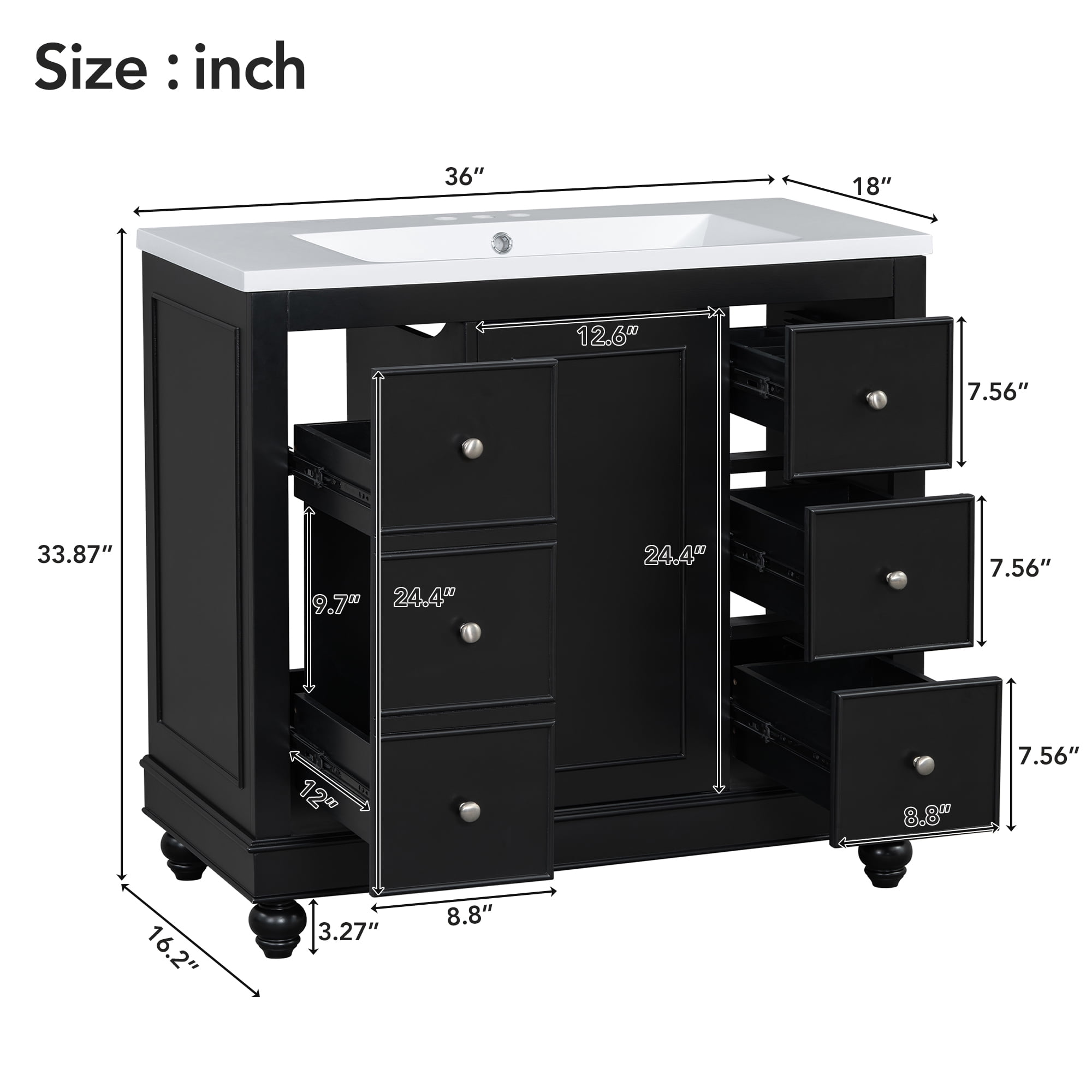 Euroco Contemporary Black Bathroom Vanity Cabinet - 36x18x34 inches, 4 Drawers & 1 Cabinet Door, Multipurpose Storage, Resin Integrated Sink, Adjustable Shelves
