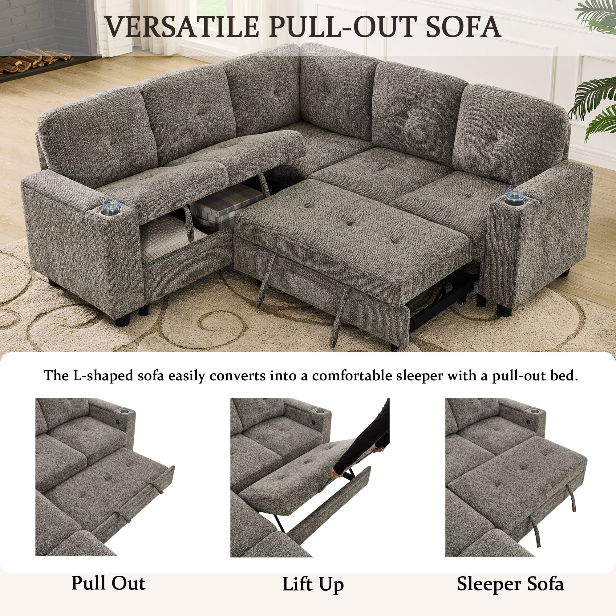 Gewnee L-Shaped Sectional Sofa,Modern Chenille Modular Sofa with Storage Function,USB‑C Charging Ports & Cup Holders,Pull Out Couch for Living Room,Grey