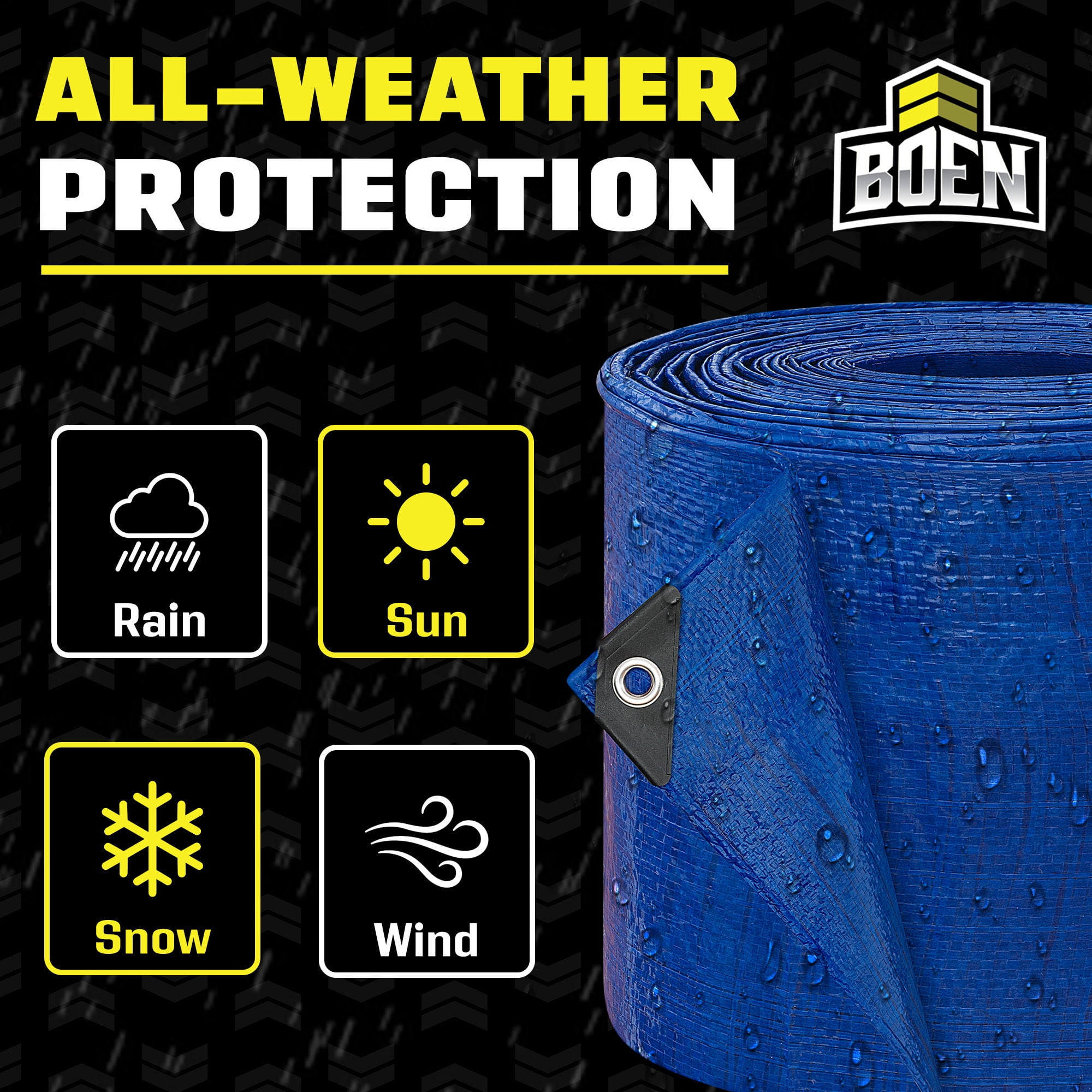 BOEN 30 x 30 ft 5 Mil Blue Waterproof Tarps, 3-Pack Case, Bulk Poly Covers
