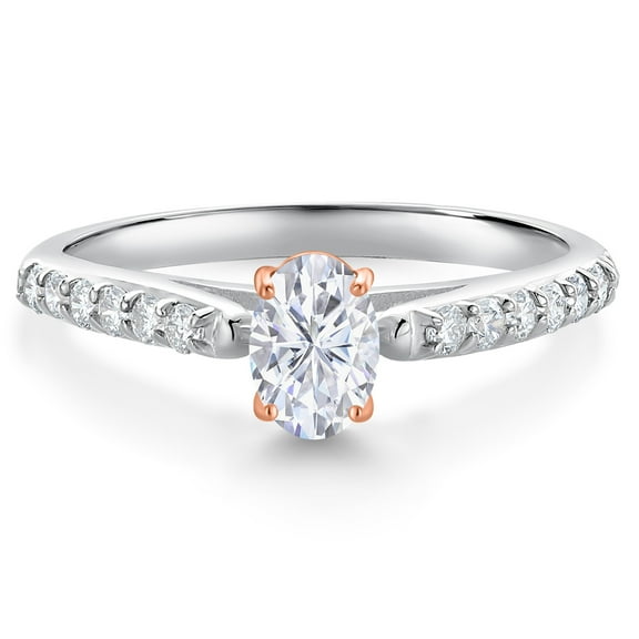 Gem Stone King 925 Silver and 10K Rose Gold White Moissanite and White Lab Grown Diamond Engagement Ring for Women (0.68 Cttw, Oval 6X4MM, Gemstone Birthstone, Size 5)