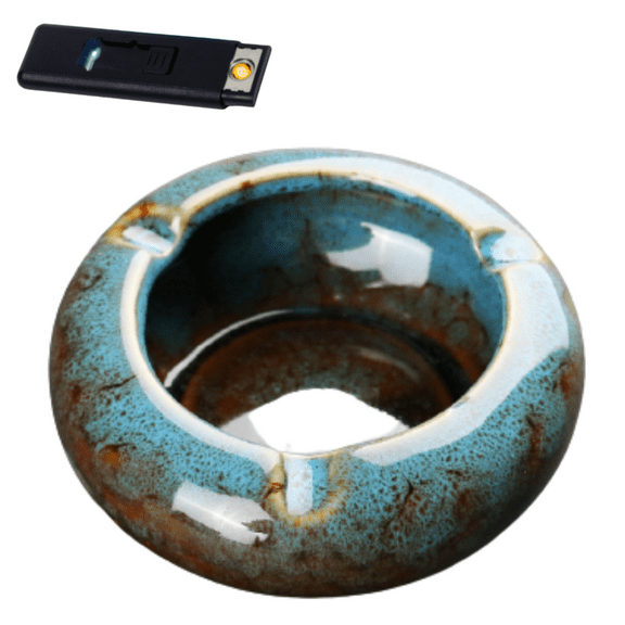 Round Glossy Ceramic Ashtray Cigarette for Indoor or Outdoor Use   Flameless Lighter (BLUISH)