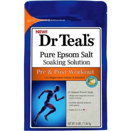 Dr Teal's Pure Epsom Salt Soaking Solution, Pre & Post Workout with Magnesium Sulfate & Menthol, 3