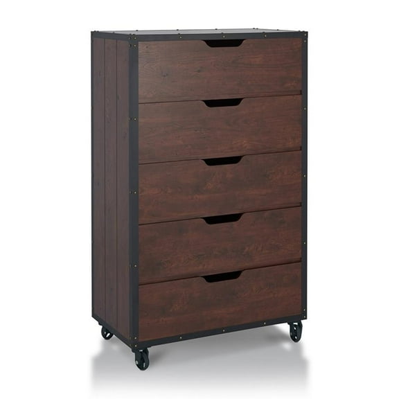 Bowery Hill Wood 5-Drawer Chest with Casters in Vintage Walnut