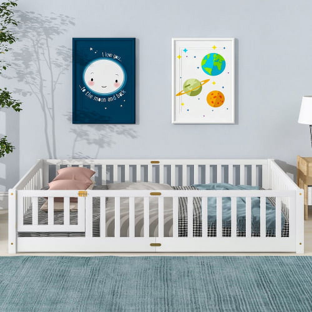 Queen Floor Bed for Kids, Sturdy Wood Montessori Bed Frame with Wood Slats, Fence & Door, Montessori Floor Bed for Girls and Boys, White (with Bed Slats)