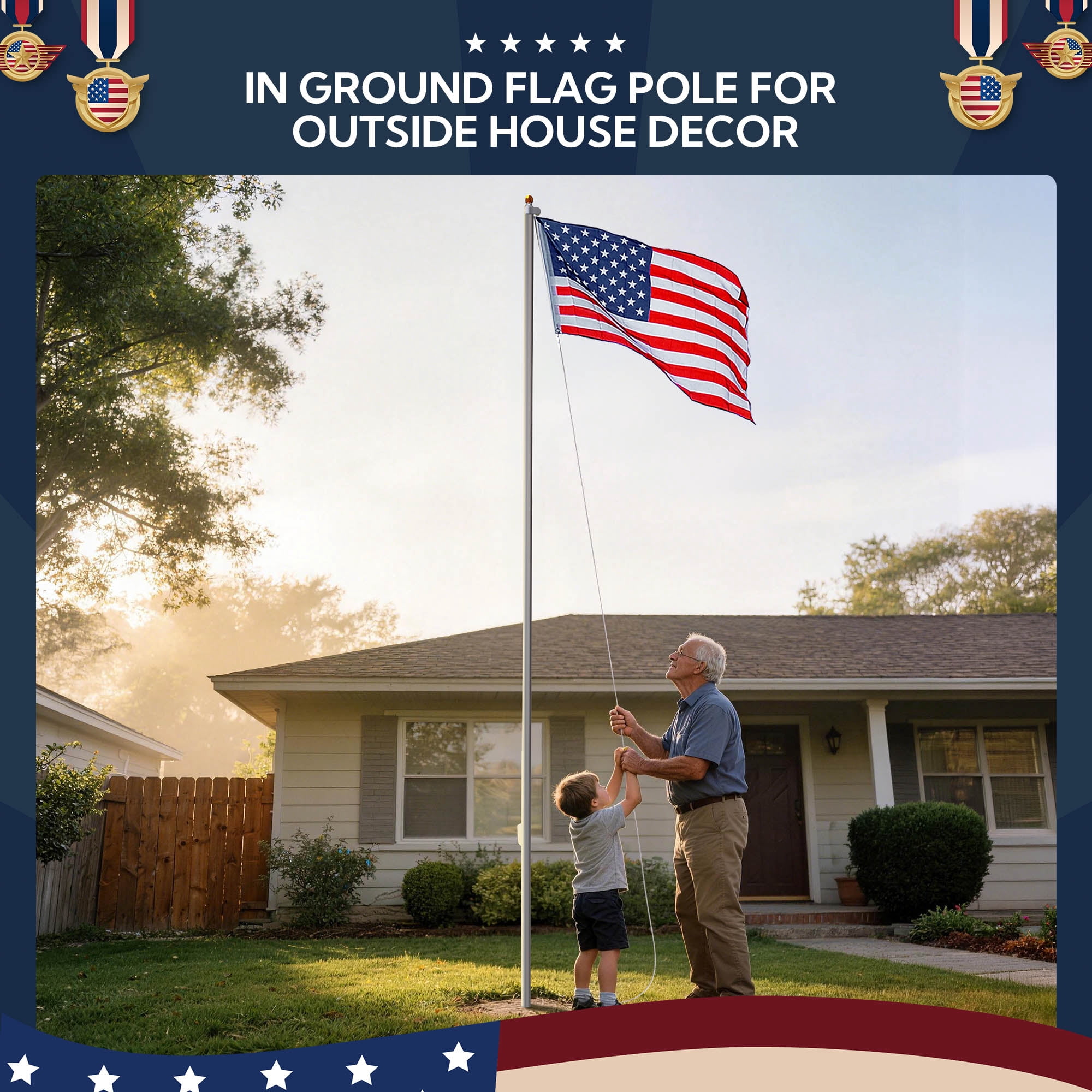 Yescom Bravery 20ft 13 Gauge Thicken Sectional Flag Pole Kit for Outside House with USA Flag Top ,Sliver