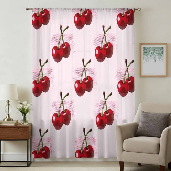 Pink Cherry Sheer Curtains 54 Inches Long, Farmhouse Watercolor Cherries Fruits Light Filering Curtains, Breathable Simi Curtain Privacy Drapes for Kitchen Bathroom Nursery Small Window Treatment