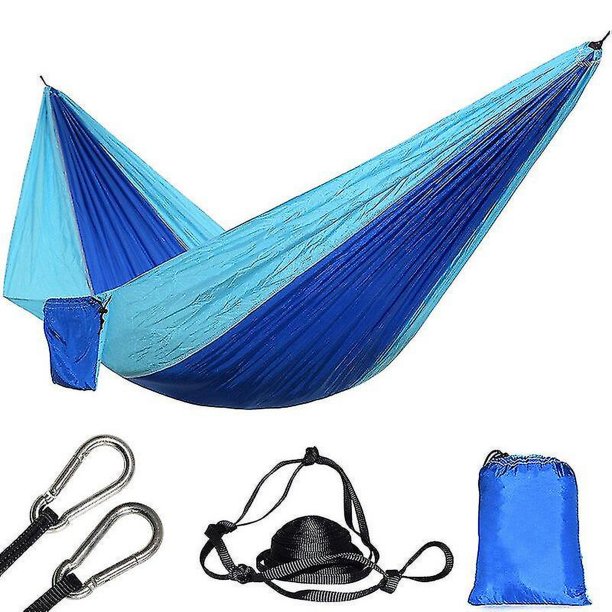 Hamaca de nailon ultraligera para persona, paracaídas azul, portátil, duradera, para colgar en la playa, mosquetones y cuerdas incluidas Hy