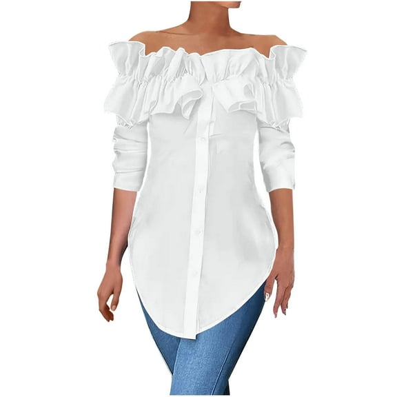 hotojiny Off the Shoulder Tops for Women Casual Long Sleeve Tee Shirts Fall Fashion Loose Button Down Shirts