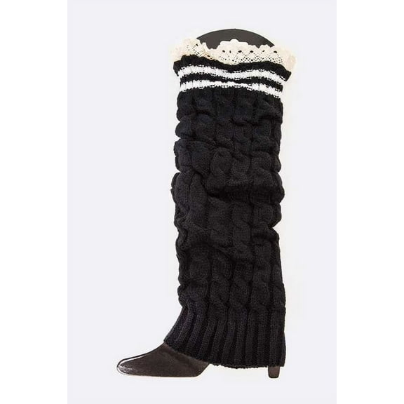 Cable Knit Lace Trim Leg Warmers Slouch Boot Sock BLACK