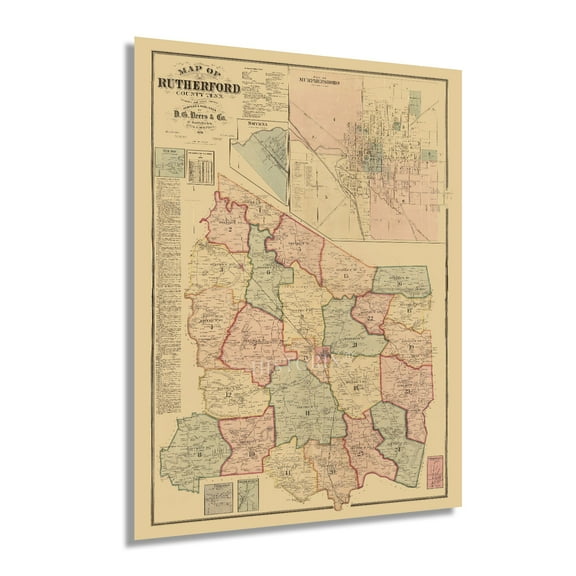 HISTORIX 1878 Map of Rutherford County Tennessee Vintage Poster Wall Art Print, 18 x 24 Inch