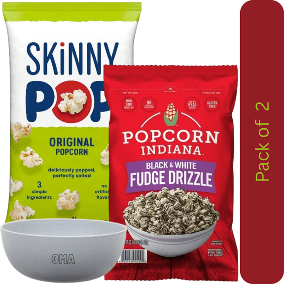 Popcorn Indiana Black & White Fudge Drizzle Kettle Corn Popcorn, 17 oz. & SkinnyPop Original Popcorn, 14 oz. with bowl by OMA