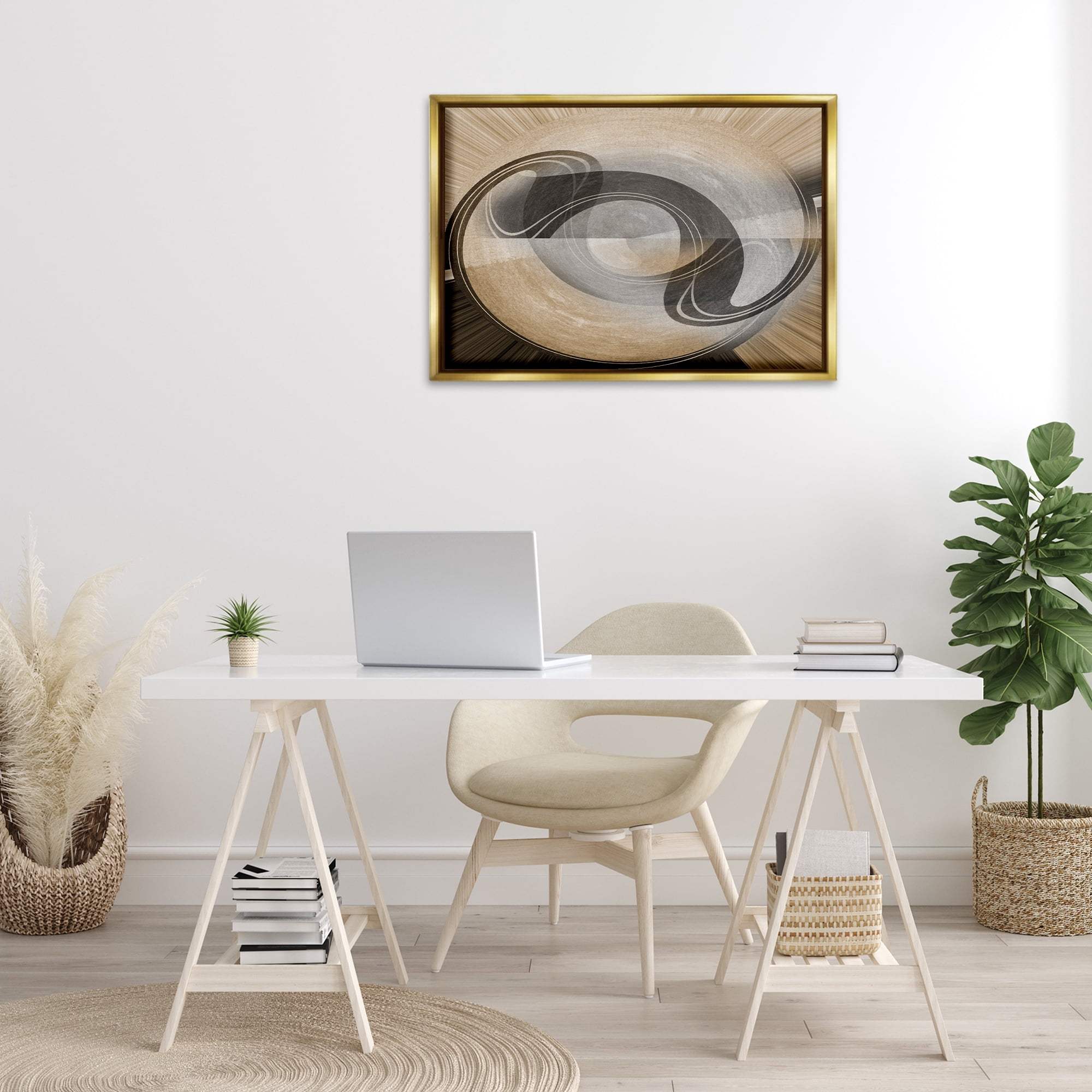 Stupell Industries Curved Swoop Shape Abstract Painting Gold Floater Framed Canvas Art Print Wall Art, 31 x 21