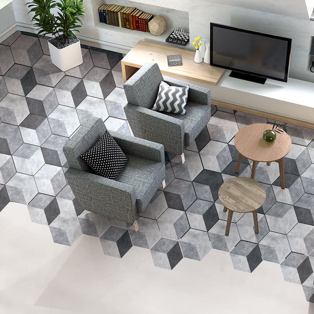 FELTECHELECTR 10Pcs Grey Hexagonal Tile Stickers Self Adhesive Waterproof Floor Stickers for Bathroom Decoration