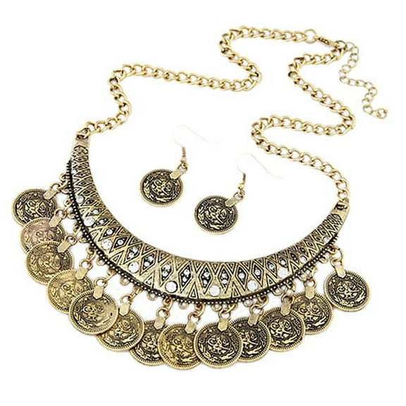 Jiaroswwei Women's Vintage Coin Style Choker Necklace Hook Earrings Statement Jewelry Set