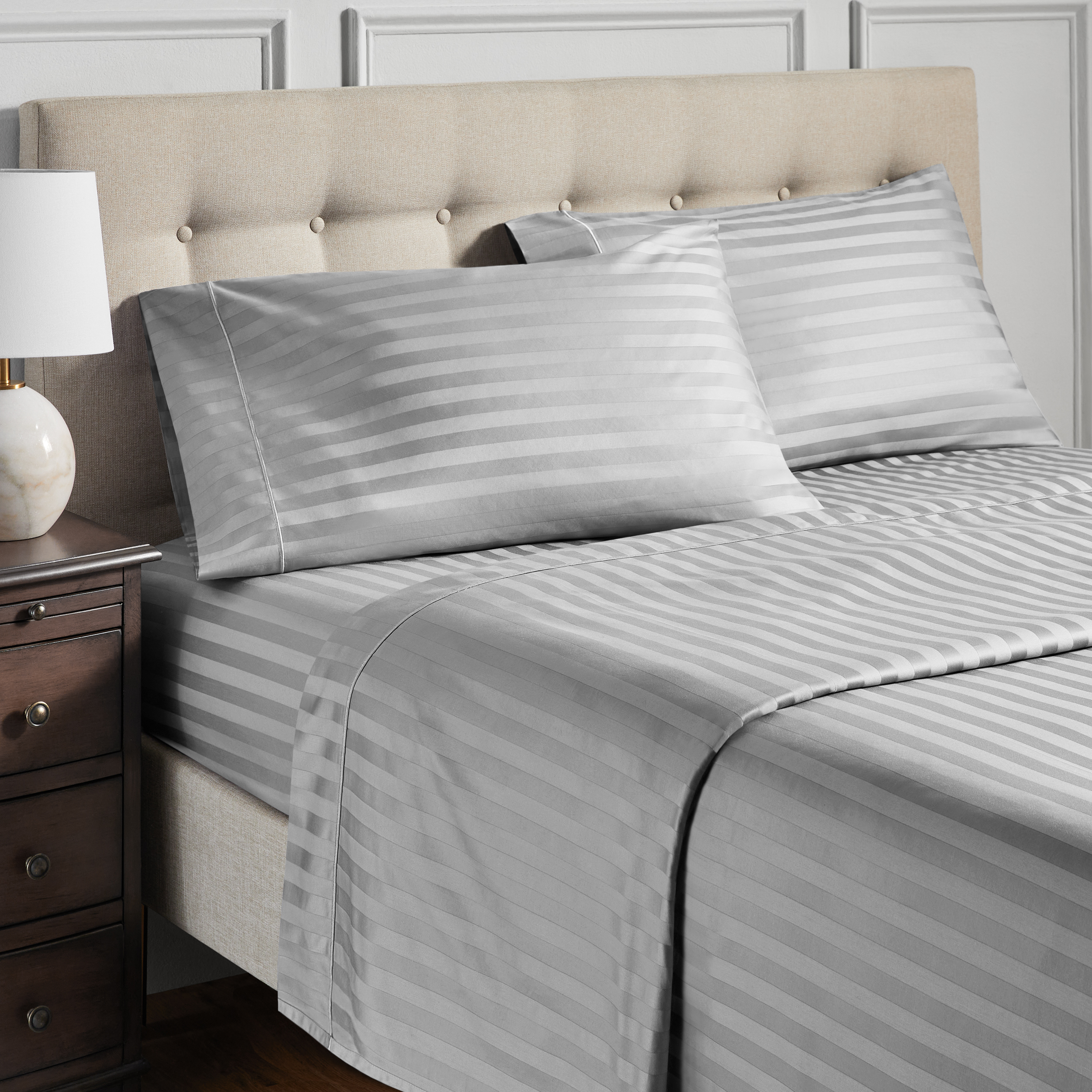 Hotel Style 4-Piece 600 Thread Count Grey Stripe Egyptian Cotton Bed Sheet Set, King - Deep Pocket - image 3 of 10