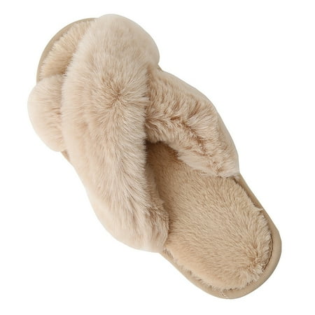 

YJ.GWL Women Fuzzy Slippers Plush Cross Band Open Toe House Thick Sole Slippers