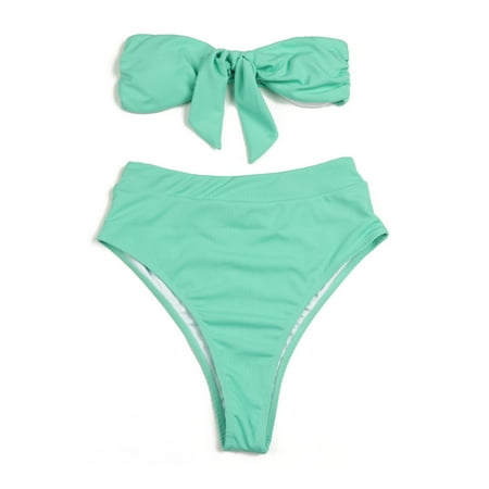 Women s Swimsuit Strapless Bandeau High Waisted Thong Bikini Set Bathing Suit - Green
