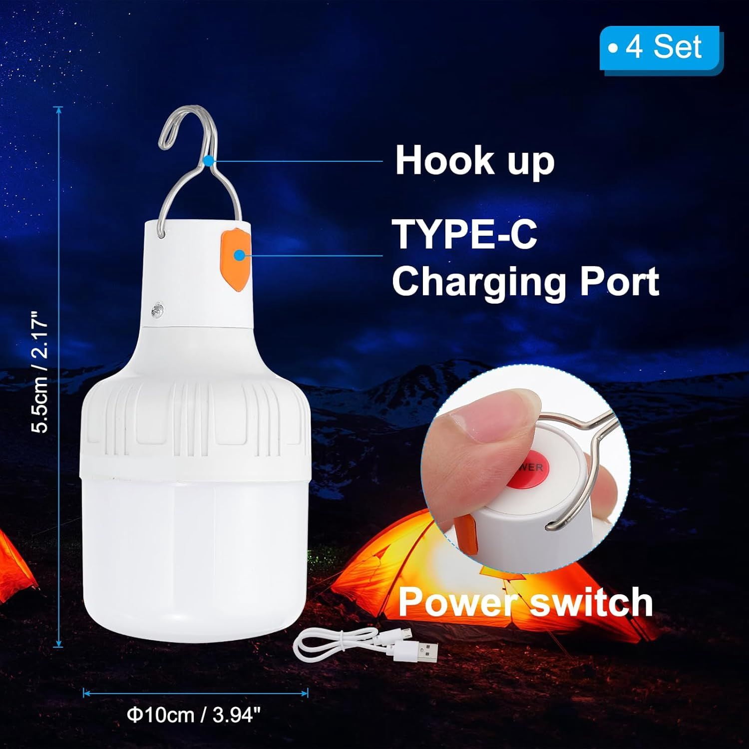 Camping Lantern, 2 Pack Rechargeable LED Tent Lamp Lights Bulb Portable Hanging 3 Lighting Modes 90W with Clip Hook for Camping, Hiking, Fishing, White