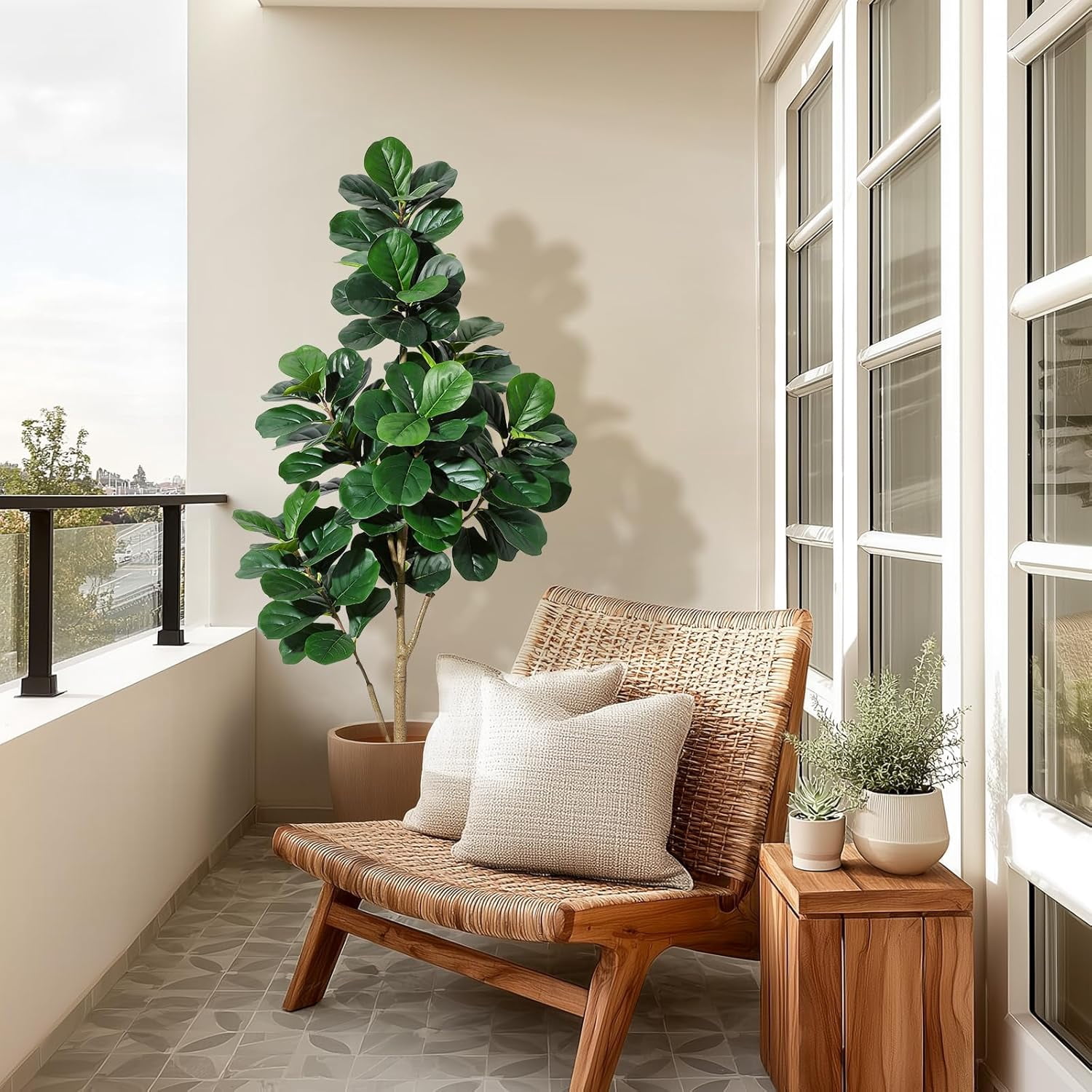 6 ft Fiddle Leaf Fig Tree Artificial with 108 Leaves - Realistic Faux Ficus Lyrata Trees in 9 in White Planter Pot, Indoor Fake Floor Plants for Home Office Living Room Decor, Housewarming Gift
