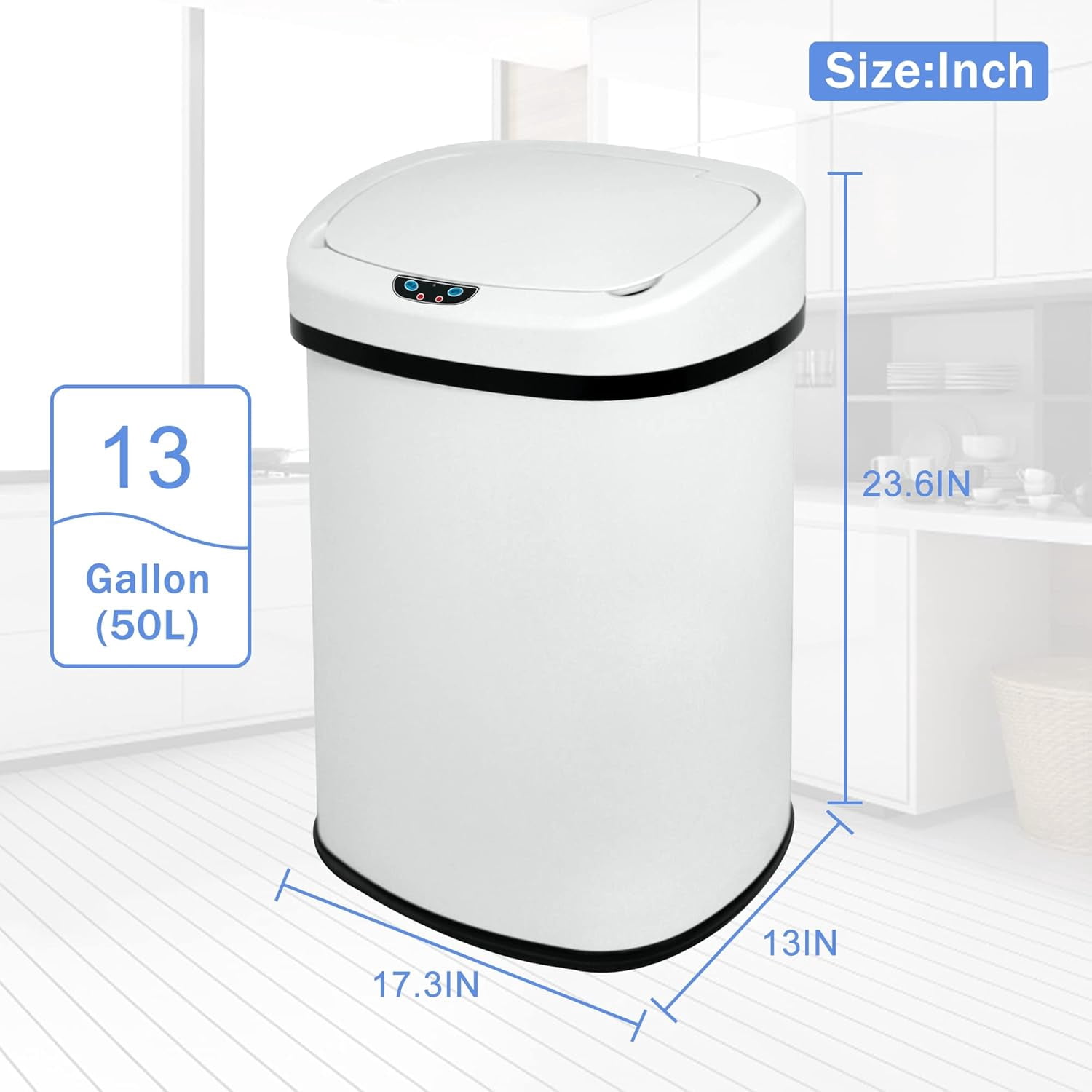 Dkelincs 13 Gallon Touch-Free Automatic Trash Can Stainless Steel Kitchen Garbage Can Waste Bin with Lid, White