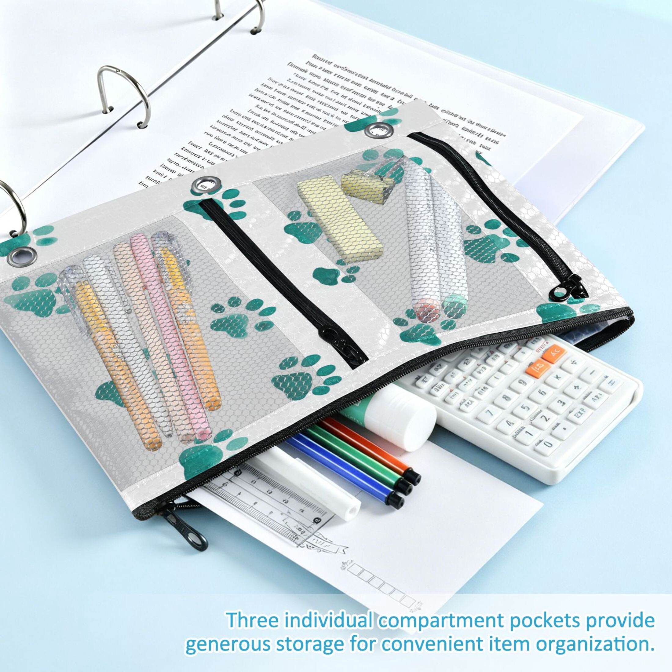 3-Hole Pencil Pouch for 3 Ring Binder Clear Zippered Pen Case with Window Teal Dog Paw Prints