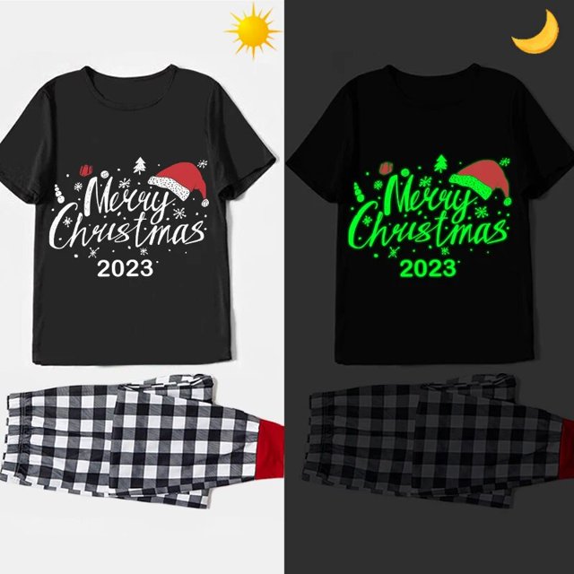 Pijamas familiares a juego de Navidad, conjunto de pijamas de manga corta con eslogan de sombrero de Navidad brillante luminoso, negro, 2023