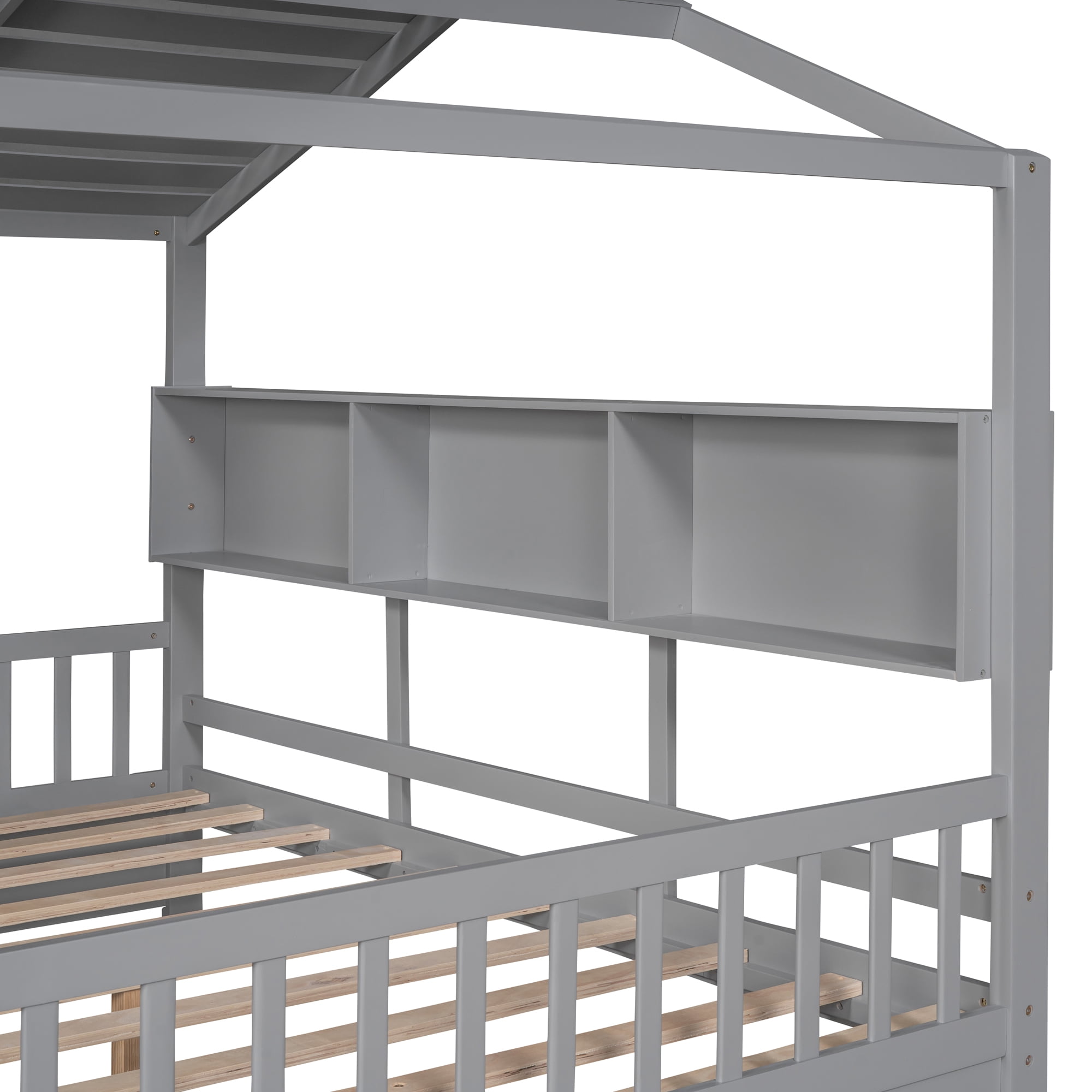 Bellemave House Bed with 2 Drawers and Storage Shelves, Wood Full Size  Montessori Bed Frame with Roof and Window, Playhouse Bed for Bedroom (Gray)
