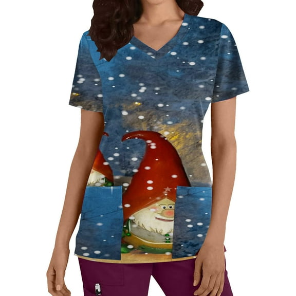 Odeerbi Christmas Scrub Shirts for Women 2025 Fashion Short Sleeve V-Neck Printing Scrub Tops Working Uniform With Pocket Blue