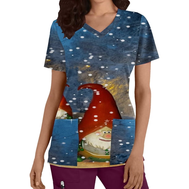 Camisas Navideñas Para Mujer Moda de Manga Corta Con Cuello en V Tops Uniforme de Trabajo Estampado de Navidad Con Bolsillo Blusa Tops Odeerbi ODB202655