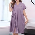 thumbnail image 2 of Raeneomay Women's Waffle Knit Home Spa Bathrobe,Short Sleeve V-Neck Absorbent Quick Dry Tie Waist Loungewear Robe, 2 of 4